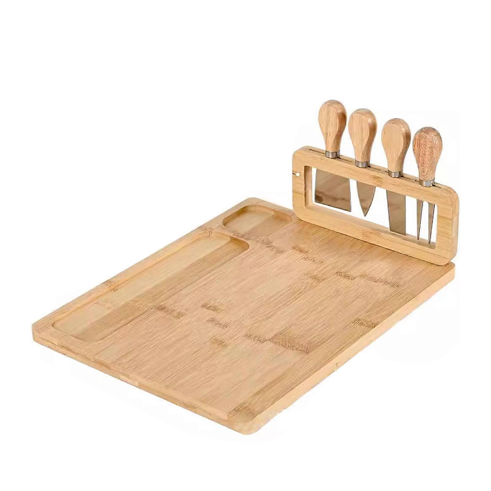 Bamboo Cheese Board Set with 4 Cutters And Cutter Holder Grooves for Sauces Snacks Wood Tray Multi-Purpose Platter for Entertaining Jikaix