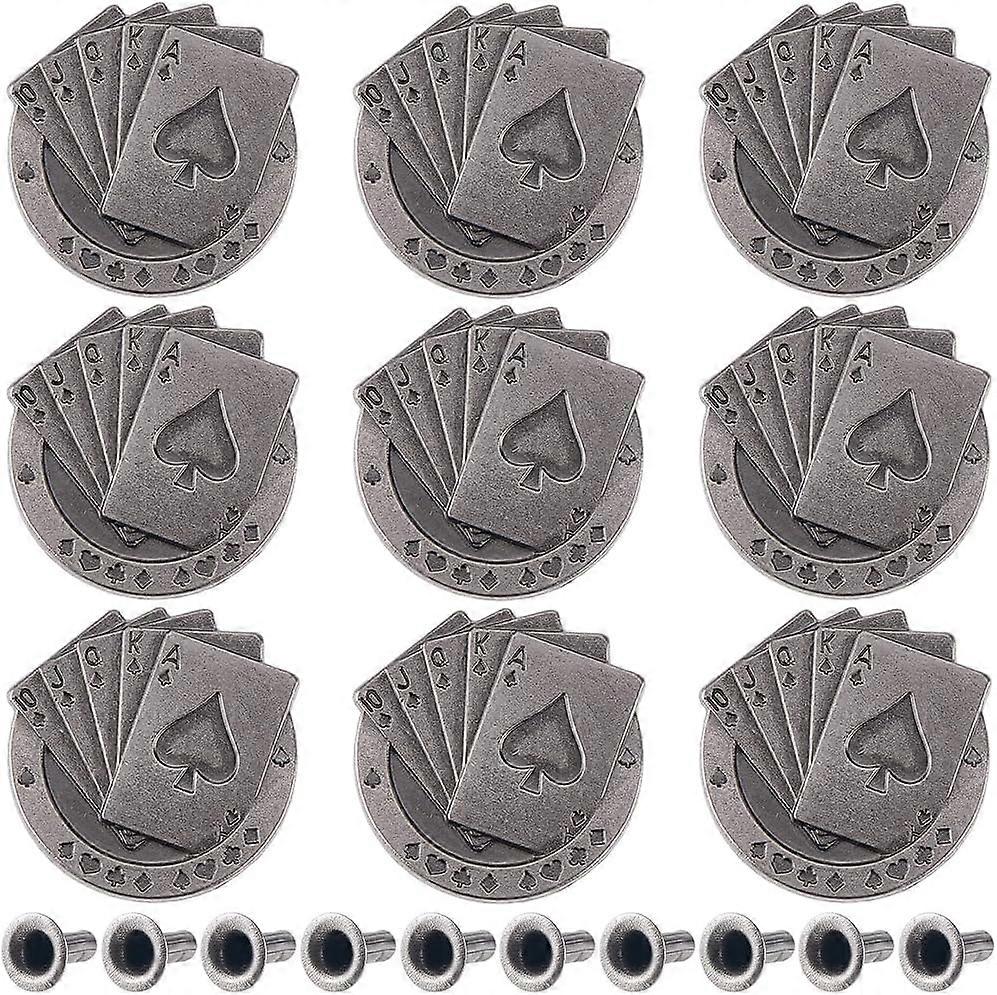 1 Box 10 Sets Playing Card Screw Back Buttons Tibetan Antique Silver Alloy Buckles Conchos Castings Snap Fastener Vintage Decorative Leather Craft Orn