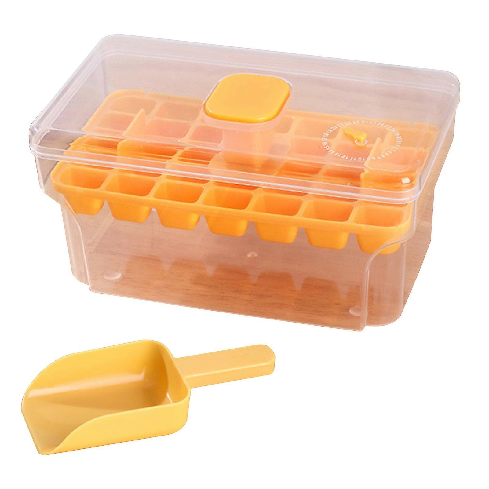 Ice Cube Mold with Lid Bin Ice Cube Trays for Freezer Top Button Design Reusable Mold with Ice Shovel for Whiskey Cocktail Coffee Kitchen Home Bar Ess