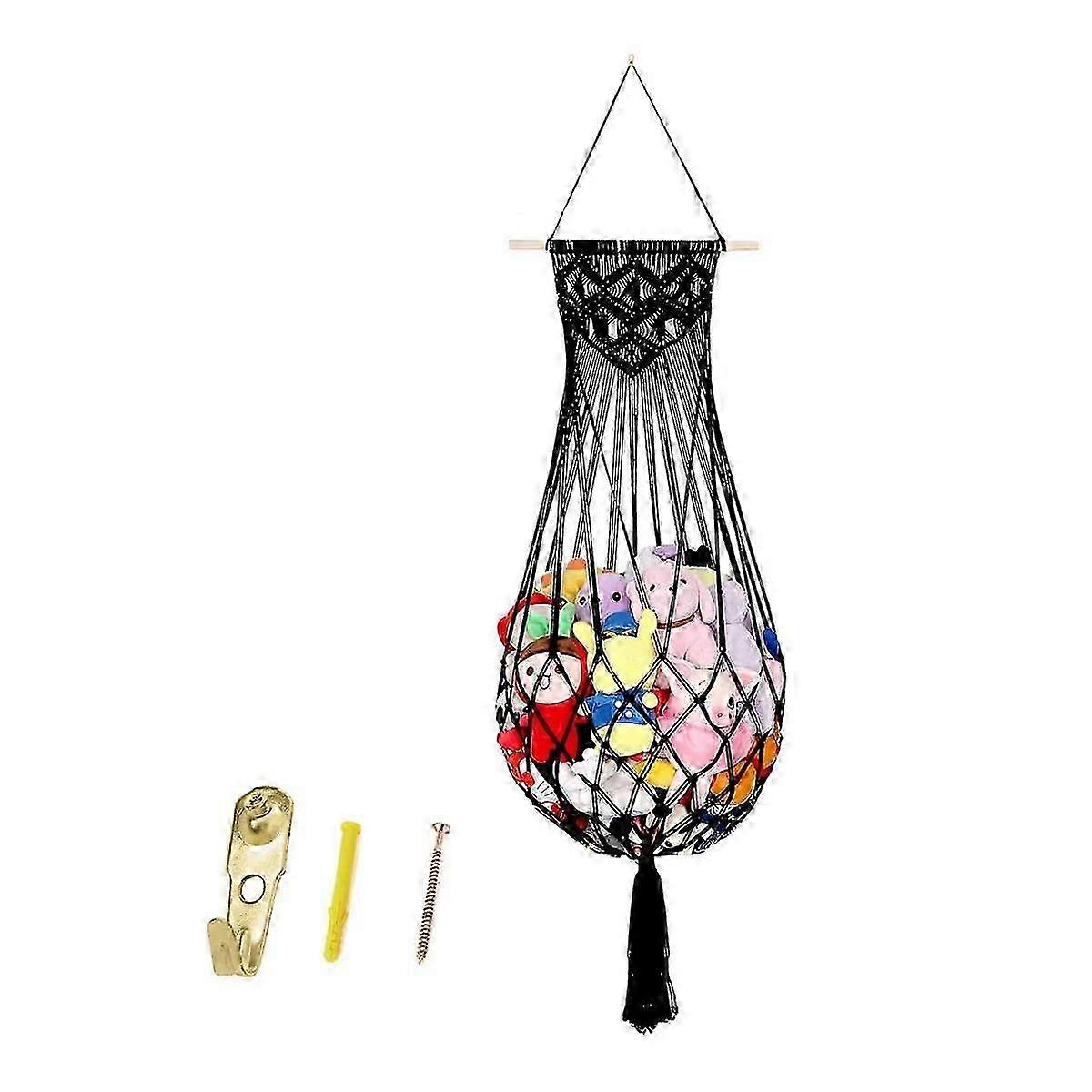 Stuffed Animal Storage Net Or Toy Hammock Macrame Wall Hanging Net For Plush Toy Storage Nursery Organizer Black