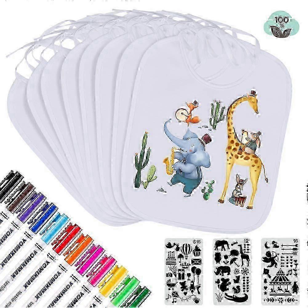 8 قطع مرايل لطلاء مرايل الأطفال البيضاء مع 12 قلم نسيج و 3 استنسل باندانا أطفال مقاومة للماء لحفلة استحمام الطفل (29