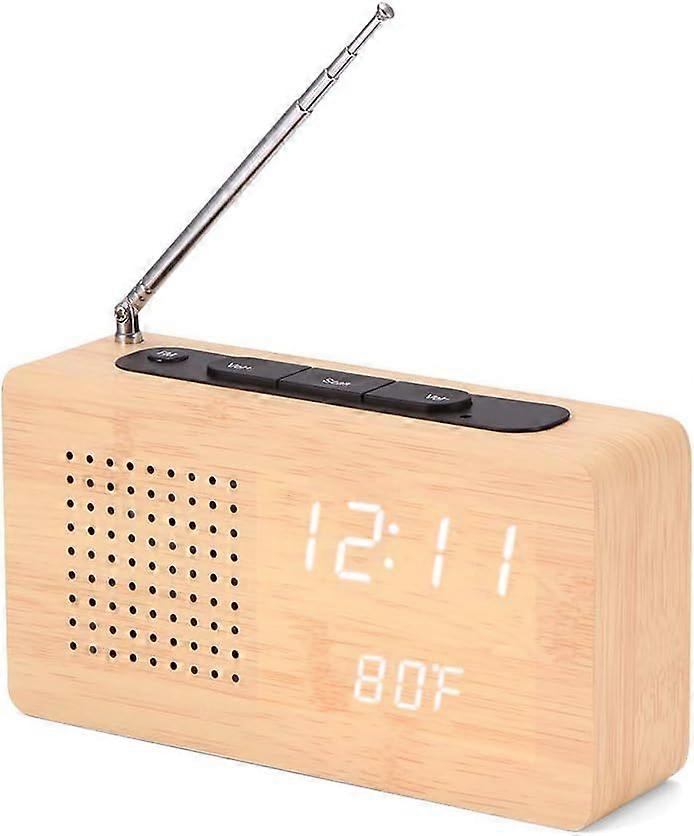 Digital Clock Radio, Wooden FM Clock with Voice Control and Auto-Dimmer Function, White