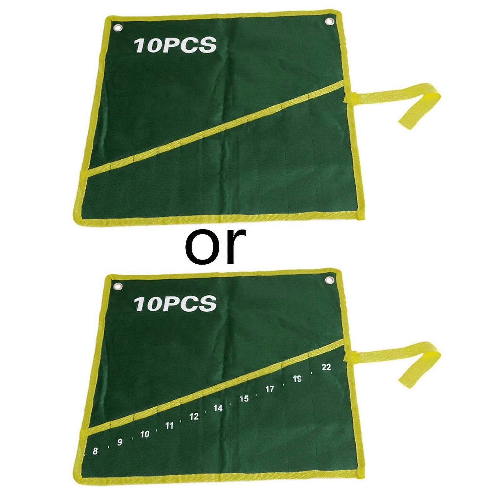 10 Pockets Durable Canvas Spanner Wrench Tool Roll Up Storage Bag Green