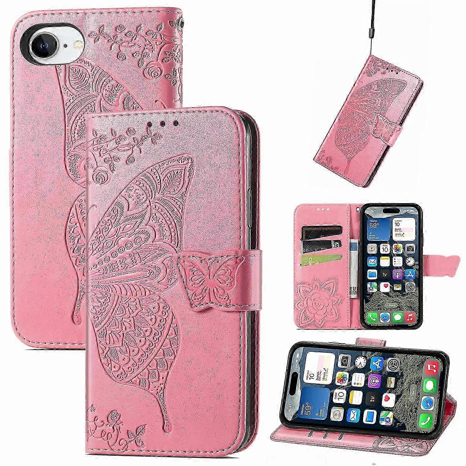 For iPhone 16e Case with Strap Butterfly Pattern PU Leather Wallet Phone Cover