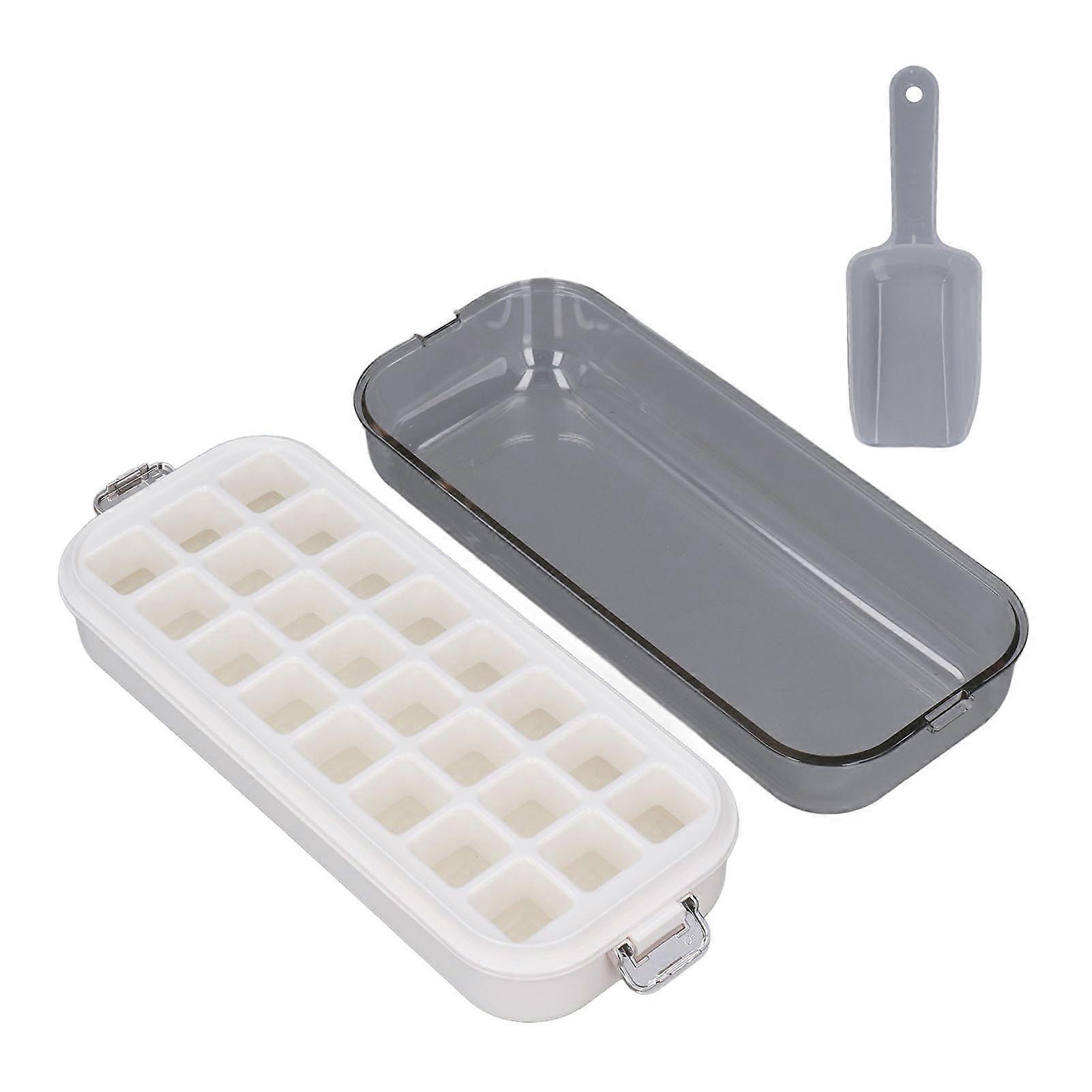 Cube Tray with Bin and Lid Reusable Easy to Release Space Saving Clear Ice Maker for Home Refrigerator