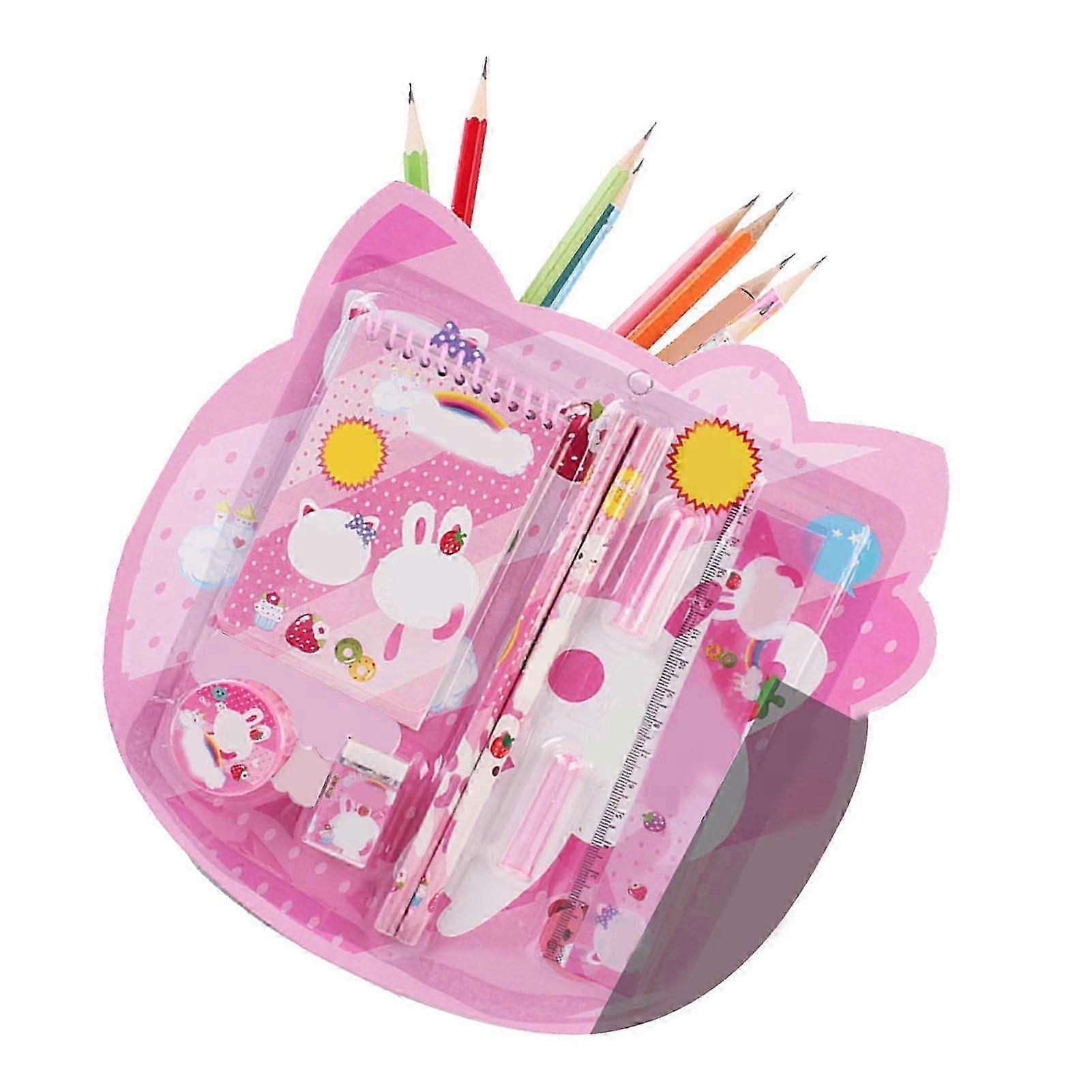 Portable Cartoon Stationery Kit for Children with Ruler, Pencil, Eraser, and Notebook