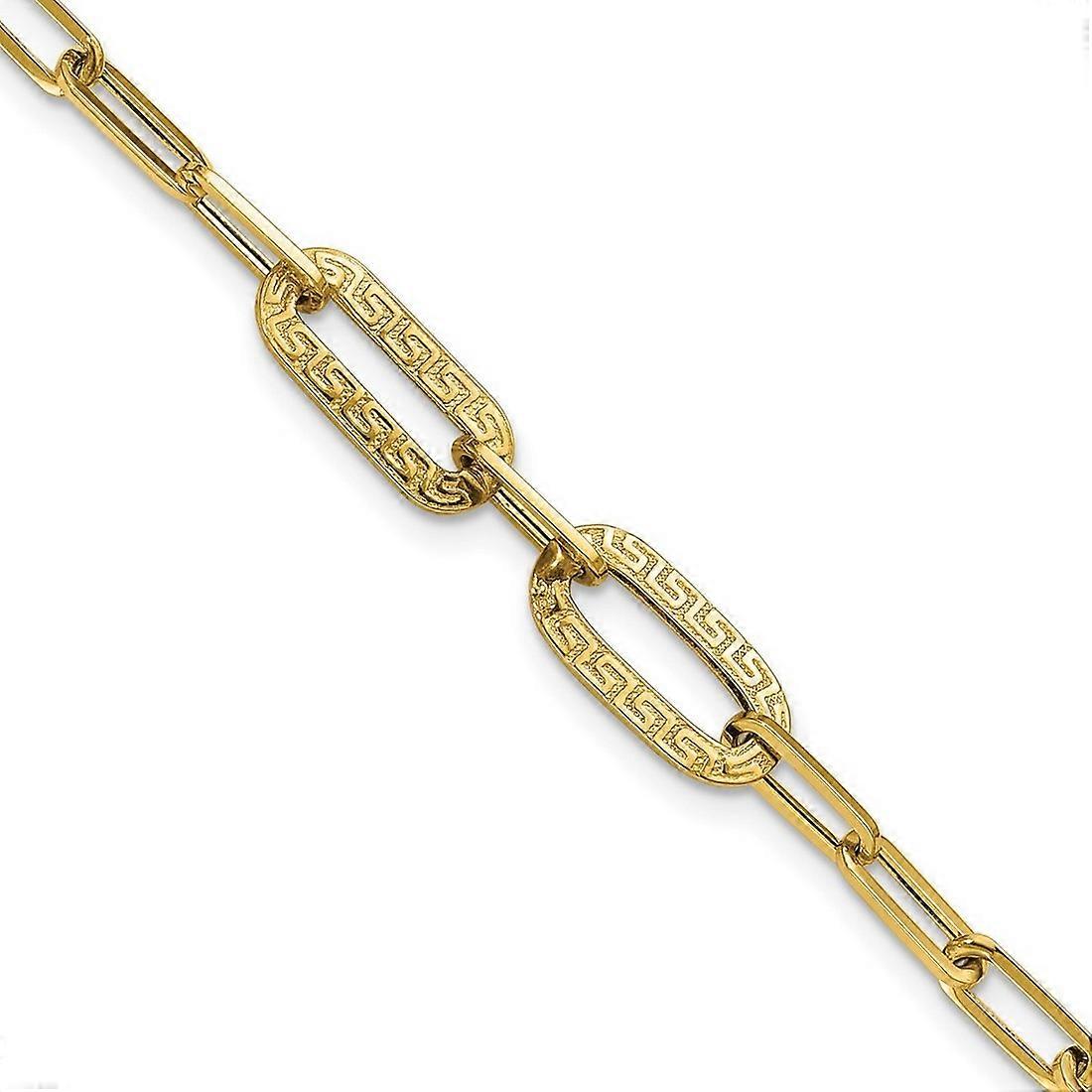 3.4mm 14Kソリッドイエローゴールドポリッシュテクスチャードギリシャキーペーパークリップリンクブレスレット女性用7.5インチリンクブレスレット