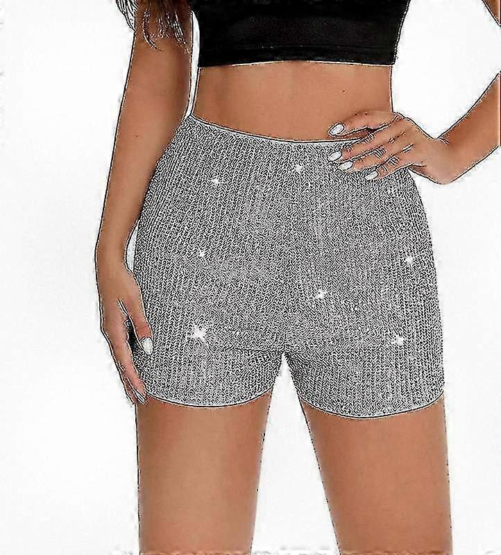 High Elastic Waist Straight Leg Shorts for Women with Sequins Suitable for Parties - Solid Glitter Design