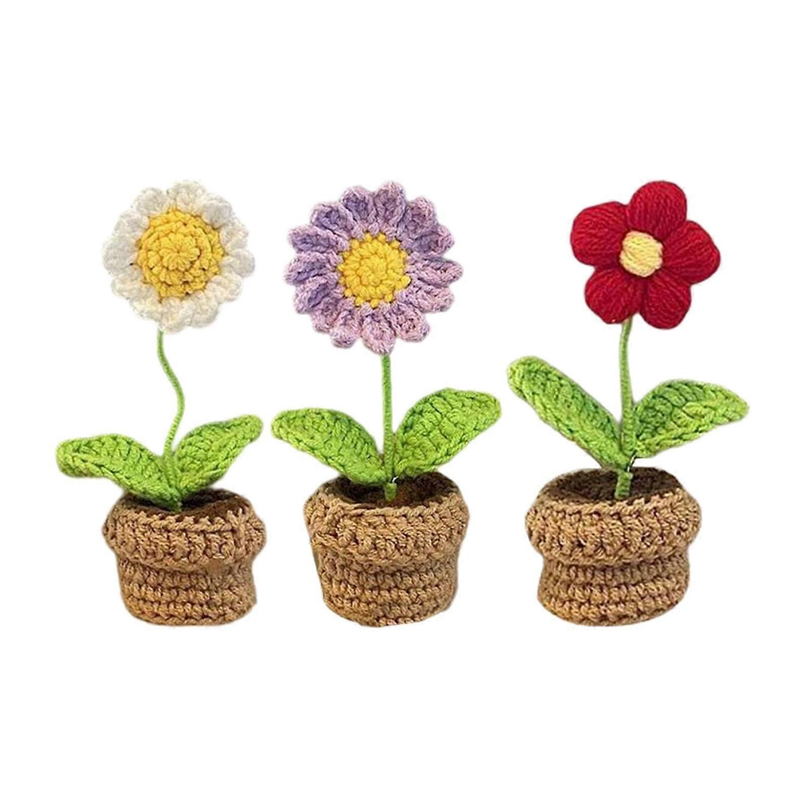 3x Hand Woven Crochet Potted Flowers for Car Decoration