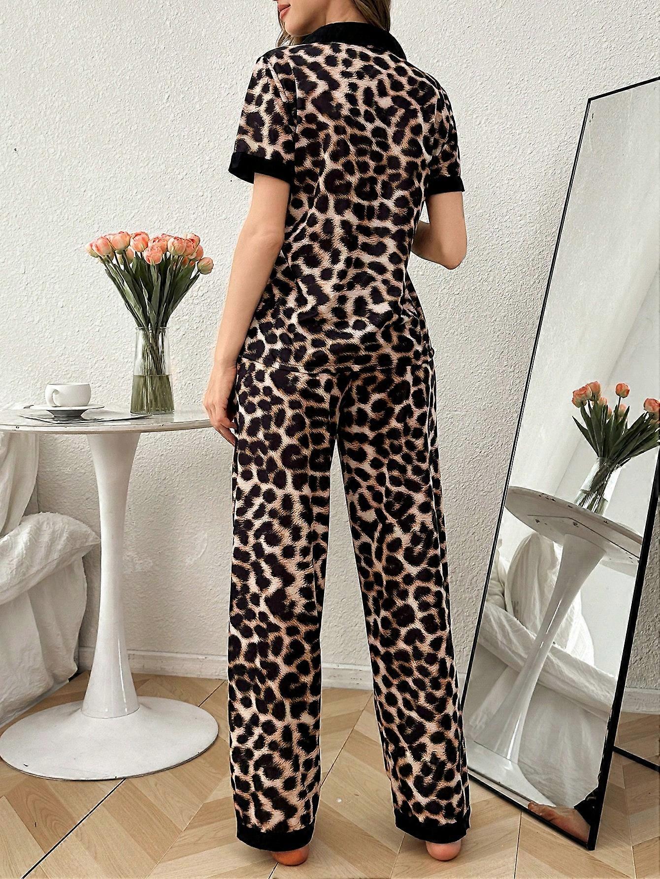 Leopardmönstrad vändbar krage Kortärmad pyjamas set