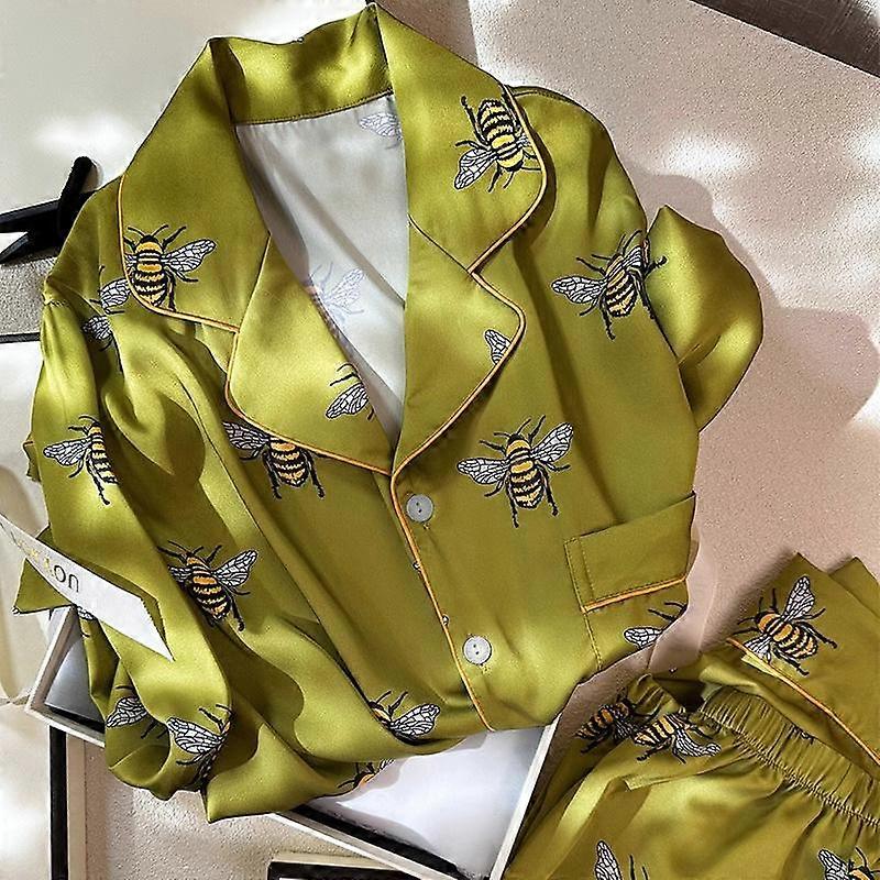 Women's Pajama Set Spring Autumn Two Piece Bee Print Pyjama Pocket Faux Silk Satin Sleepwear Long Sleeve Pijama Mujer Pjs Homewear