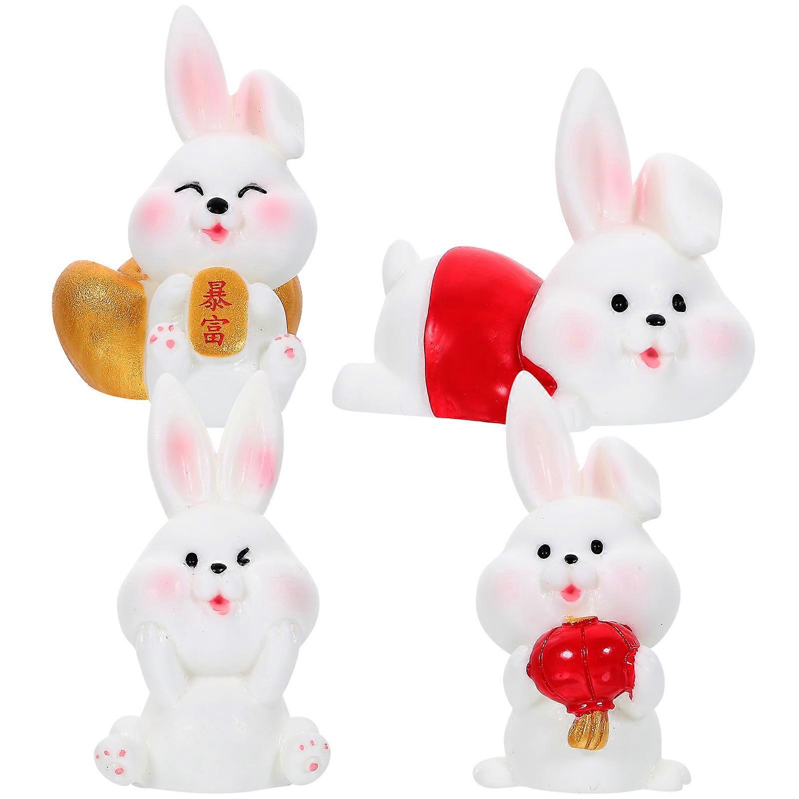 Bunny Miniature Figurines Spring Festival Rabbit Statue Chinese Style Cartoon Bunny Decor Resin Craft Small Bunny 4Pcs