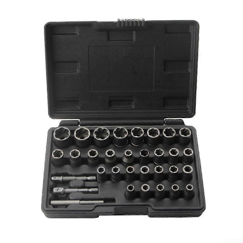 Comprehensive 32piece screw extractor and remover set with 1/4 and 3/8 adapters, the tool for tackling rusty screws and damaged nuts.