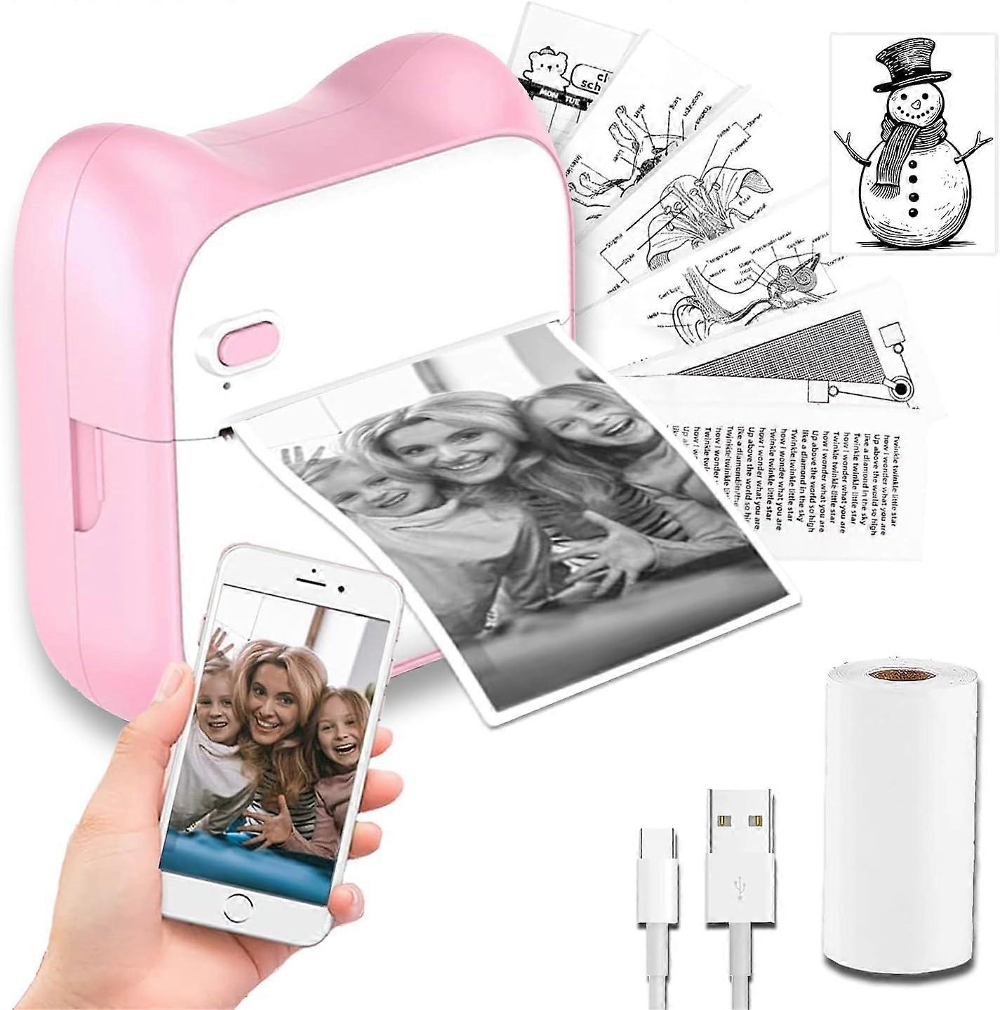 Portable inkless thermal sticker printer compatible with iOS and Android with 1 roll paper pink