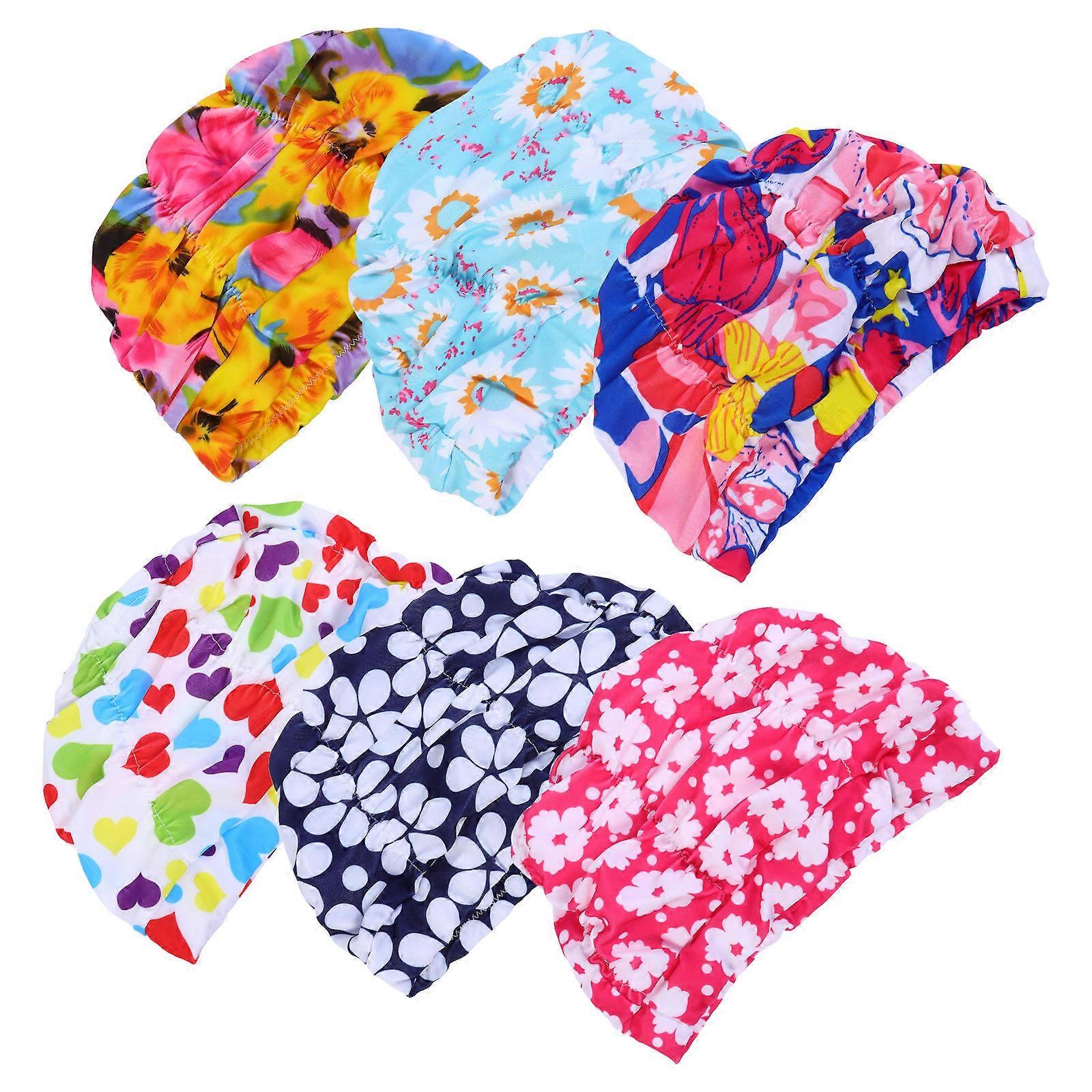 Waterproof Swim Caps Pleated Adorable Swimming Caps Elastic Headdress Assorted Color 25X15CM Fashion Style 6Set
