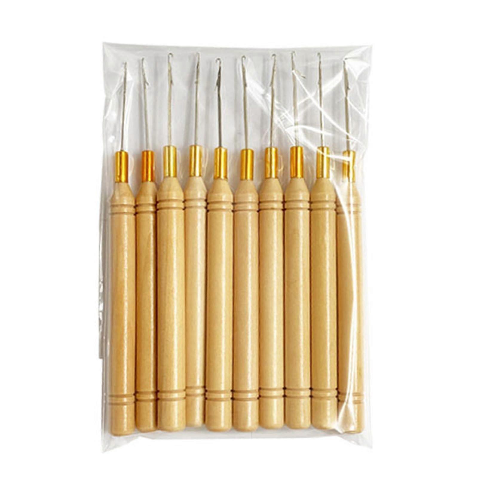 10pcs Hair Extension Tool Beading Tool Metal Hair Pulling Needle Loop Needle Hair Extension Tool Cylinder with Wooden Handle