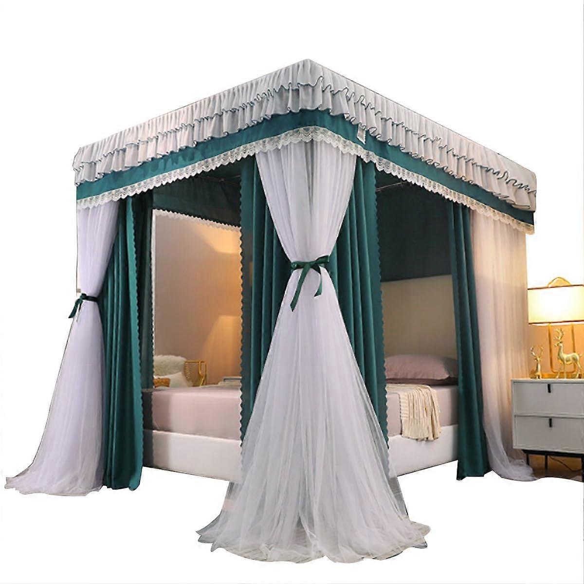 Princess-Style Canopy Bed with Four Corners, Elegant Double-Layer Lace Curtains, Thick Stainless Steel Holders, D Size
