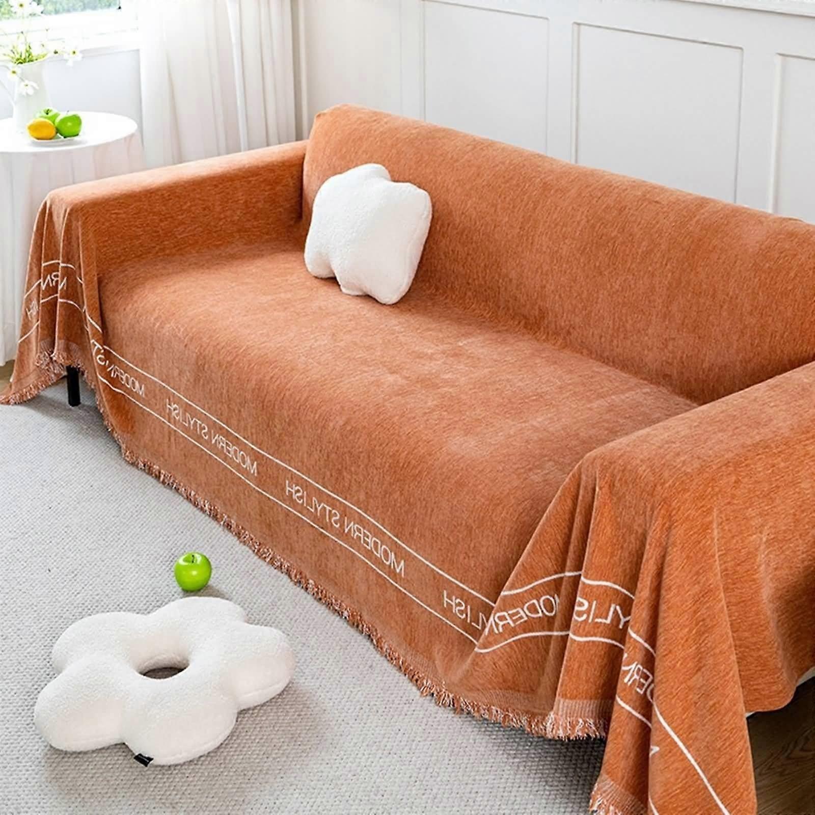 Orange Plush Blanket, Chenille Sofa Cover with English Letter Print, Solid Color with Fringe, 3Seater Sofa Cover (180x330cm) 3Seater (180x340cm)