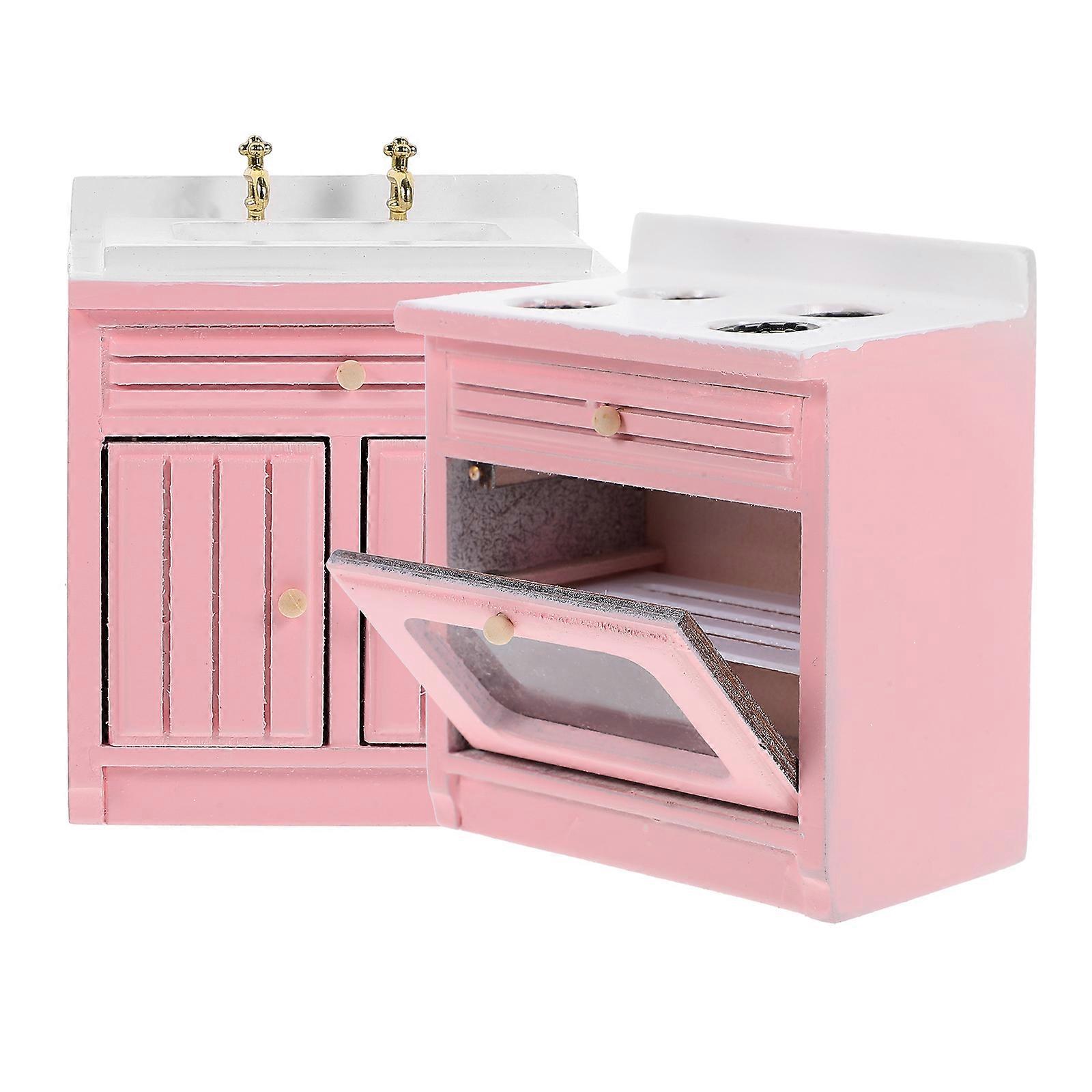 Pink Miniature Kitchen Furniture Model with Doll House Stove and Wash Basin Prop Made of Wood for Home Use 1/12 Scale