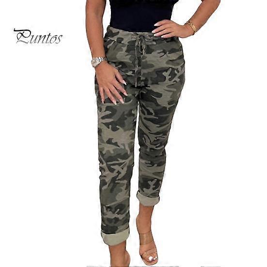 Women Pants Camouflage Print Slim Fit Drawstring Elastic Waist Stretch Side Pockets Casual Ninth Pants Daily Sport Long Pencil Trousers