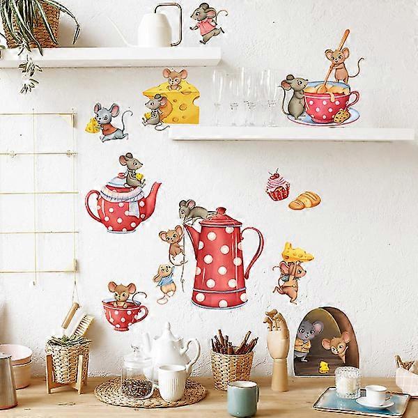 Kitchen coffee wall decals, mouse coffee cup decor.