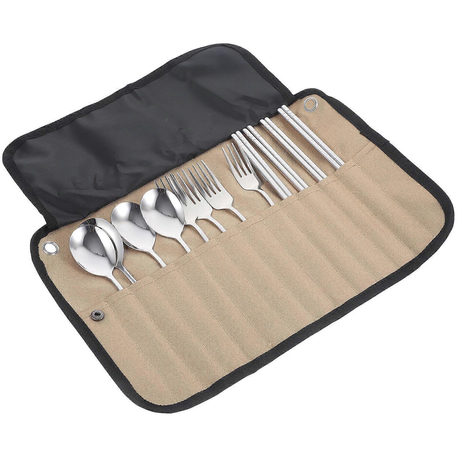 Portable Camping Accessories with Stainless Steel Cutlery Set in Khaki Nylon Pouch for Storage Use