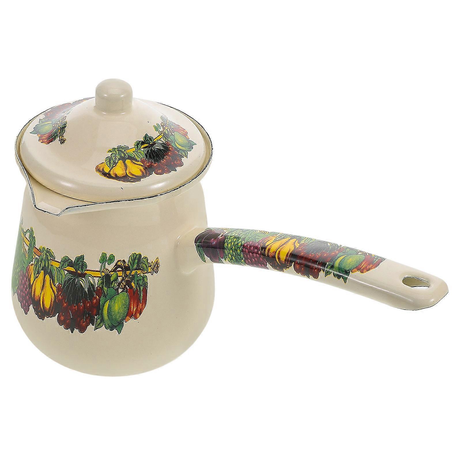 Compact Enamel Milk Pitcher with Lid – Multi Functional Storage Cup with Handle for Milk, Sauces, and Charming Fruit Design – Portable Kitchen