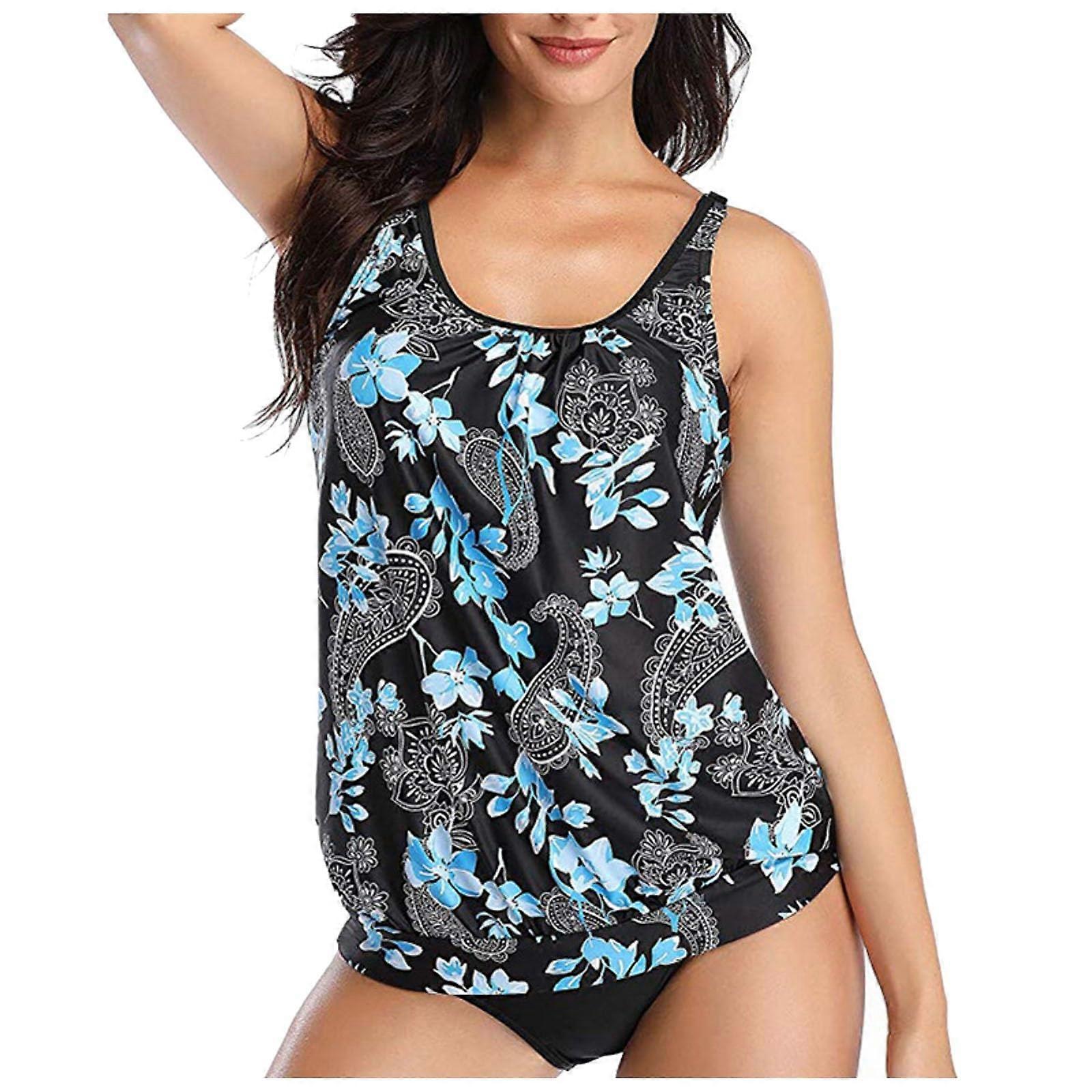 Bikini Sets für Damen Bauchweg Tankini Set Push Up Bademode Oberteil High Waist Badehose Große Größen Blau M