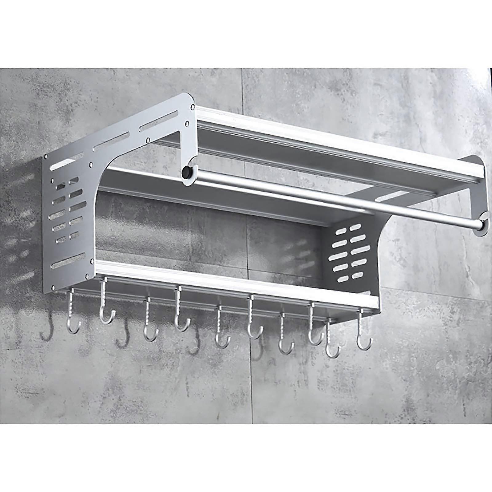 Microwave Oven Shelf, Space Aluminum Double Layers, Hanging Storage Rack with Hook, 55*39cm Silver