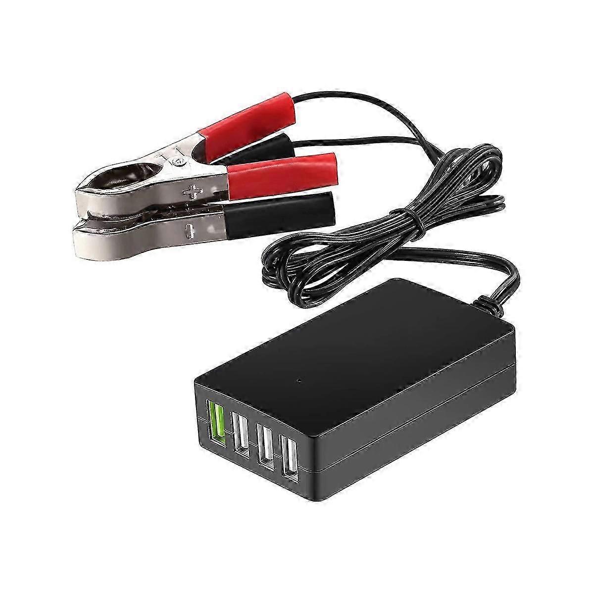 Portable DC 12V/24V to 5V USB Charger with Battery Clip and 4 Port Adapter for Smartphones and Other Devices