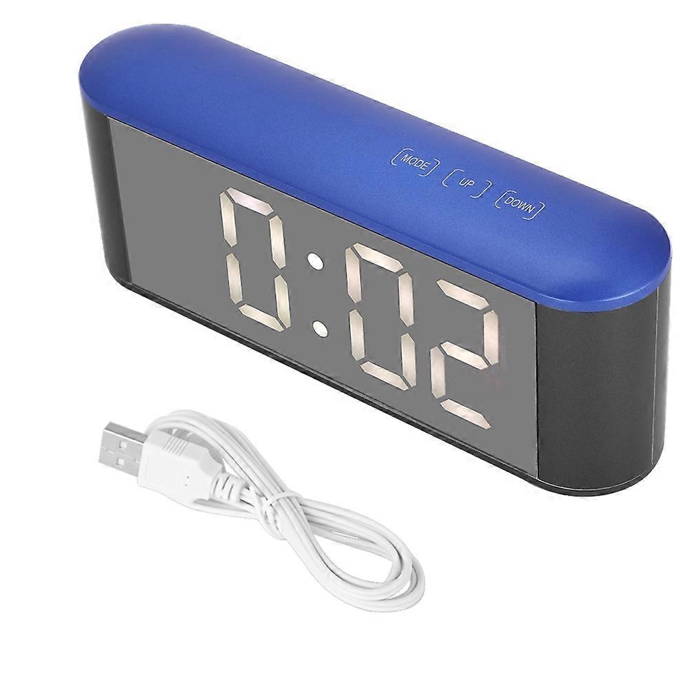 Digital Mirror Alarm Clock with Thermometer Snooze USB Rechargeable Blue Shell White Number