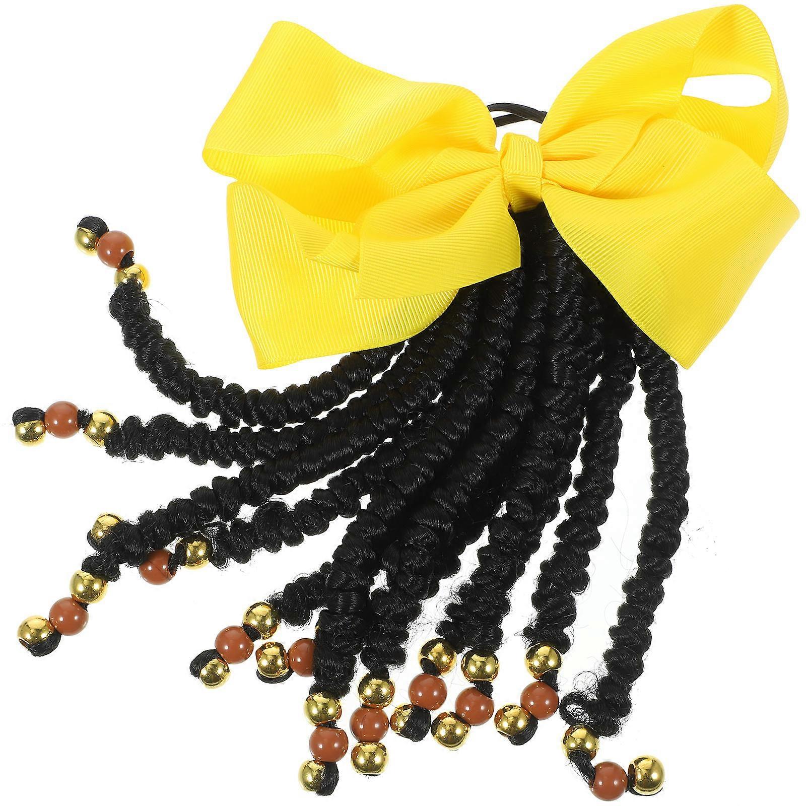 Beaded Bowknot Braided Ponytail Extension for Women in Yellow Color Synthetic Fiber Hair Accessories Stylish and Versatile