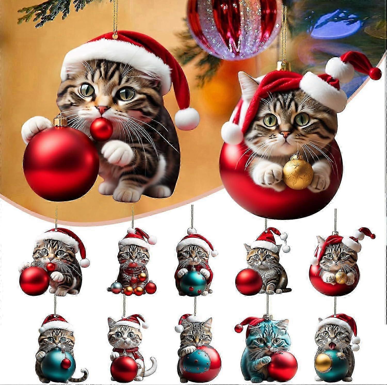 圣诞节10件圣诞树猫挂坠2d亚克力,圣诞猫挂饰有趣的圣诞猫装饰品圣诞树礼物