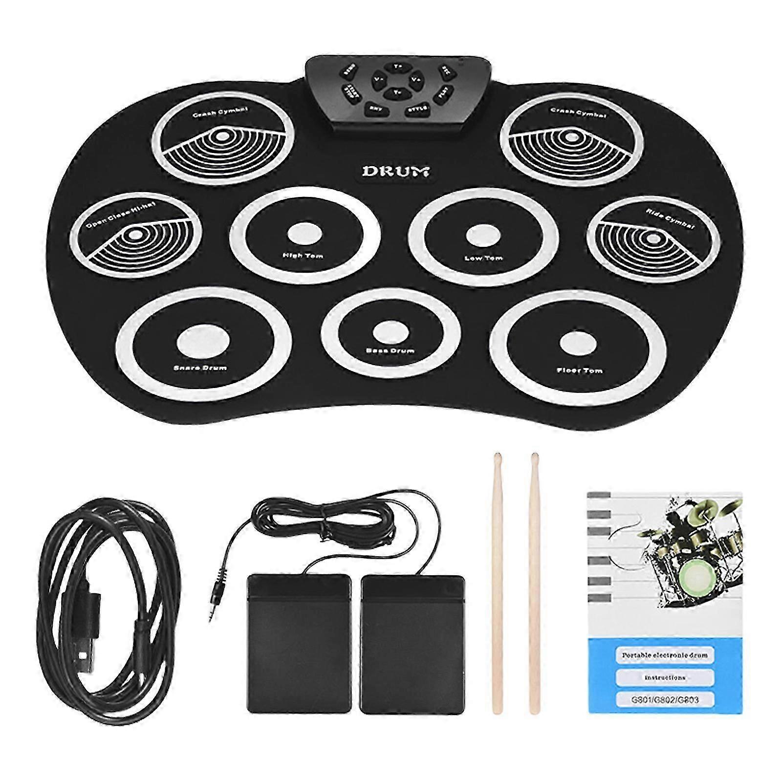 Electronic Drum Set 9 Drum Pads Rolls up Electric Drum Set with Headphone Jacks Built in Speaker, Drum Stick, Foot Pedal English yellow