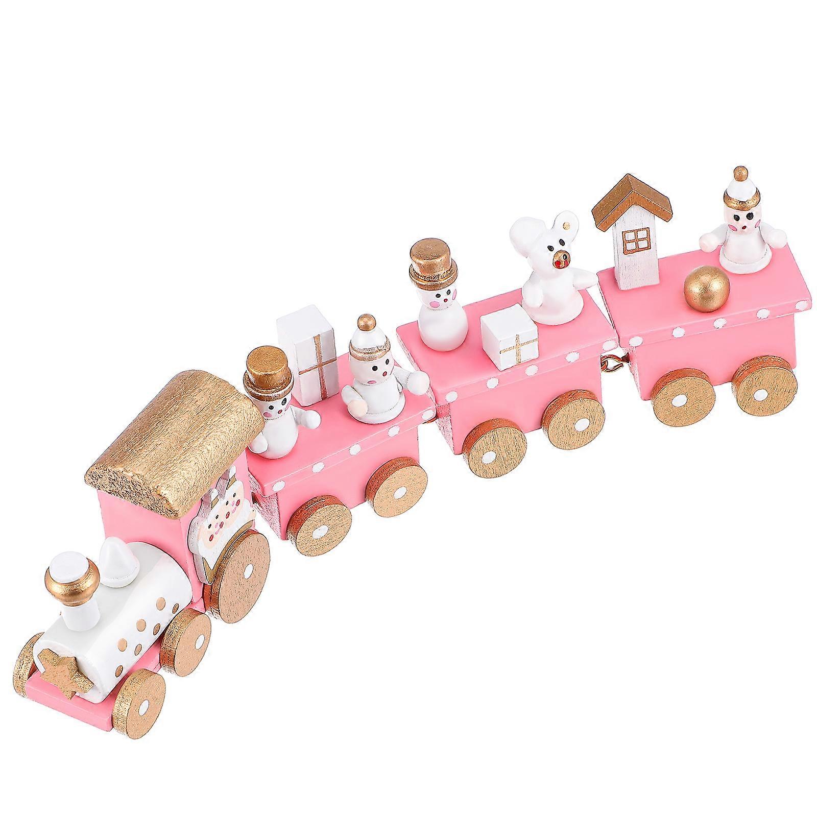 Christmas Train Pink Wooden Train Ornament for Tabletop Four Section Set