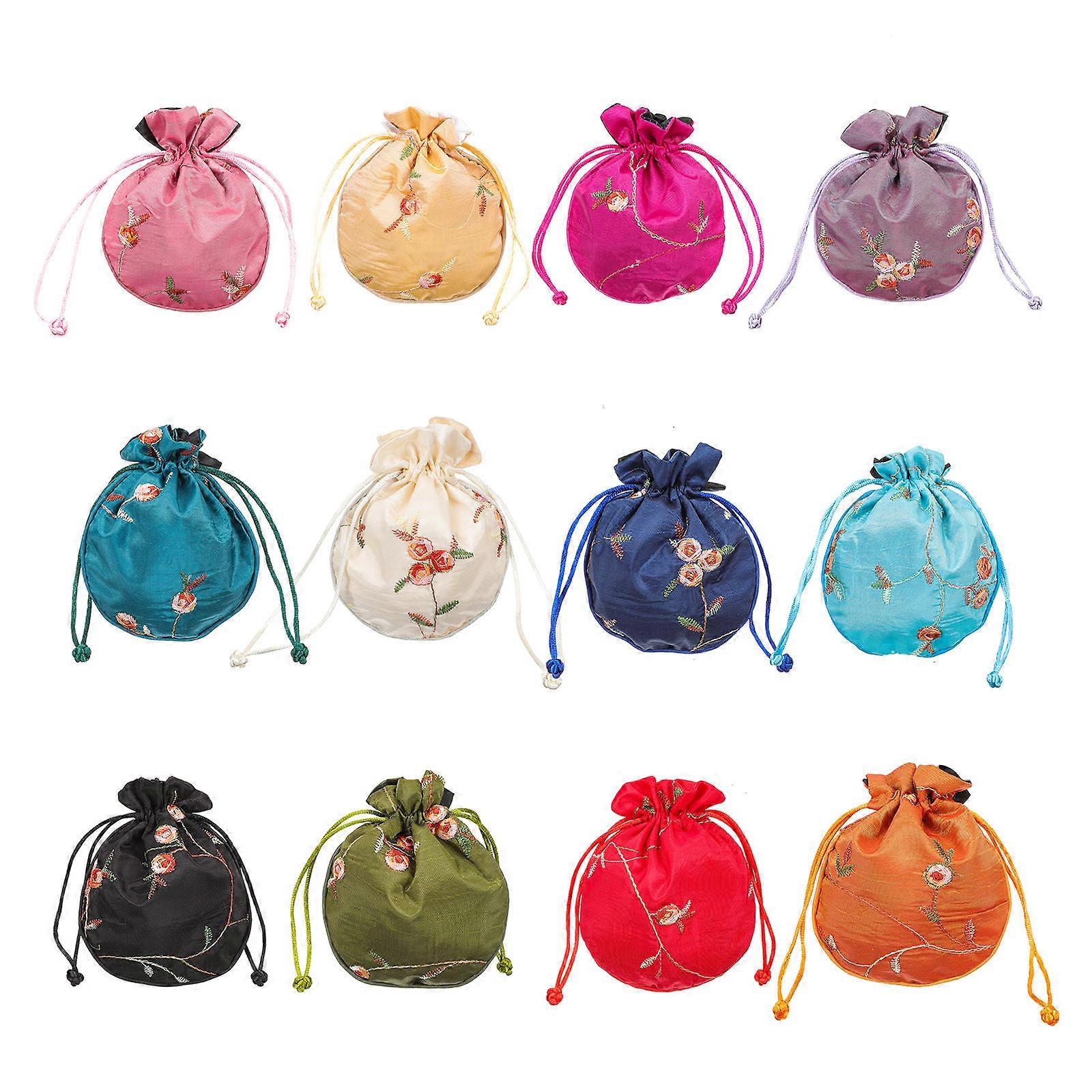 Drawstring Gift Pouches Embroidered Bag for Storage 12Pcs Assorted Color