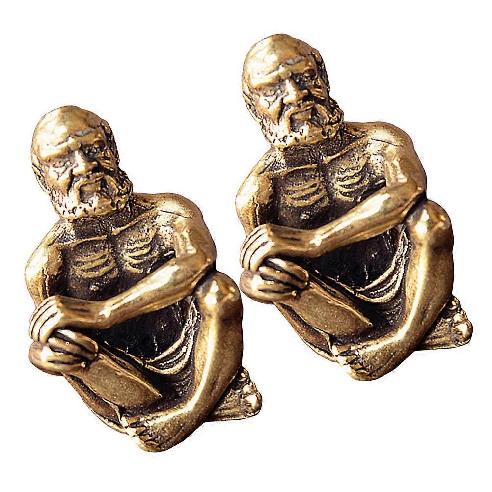 Golden Brass Bodhidharma Buddha Statue Decor for Desktop 2Pcs Set