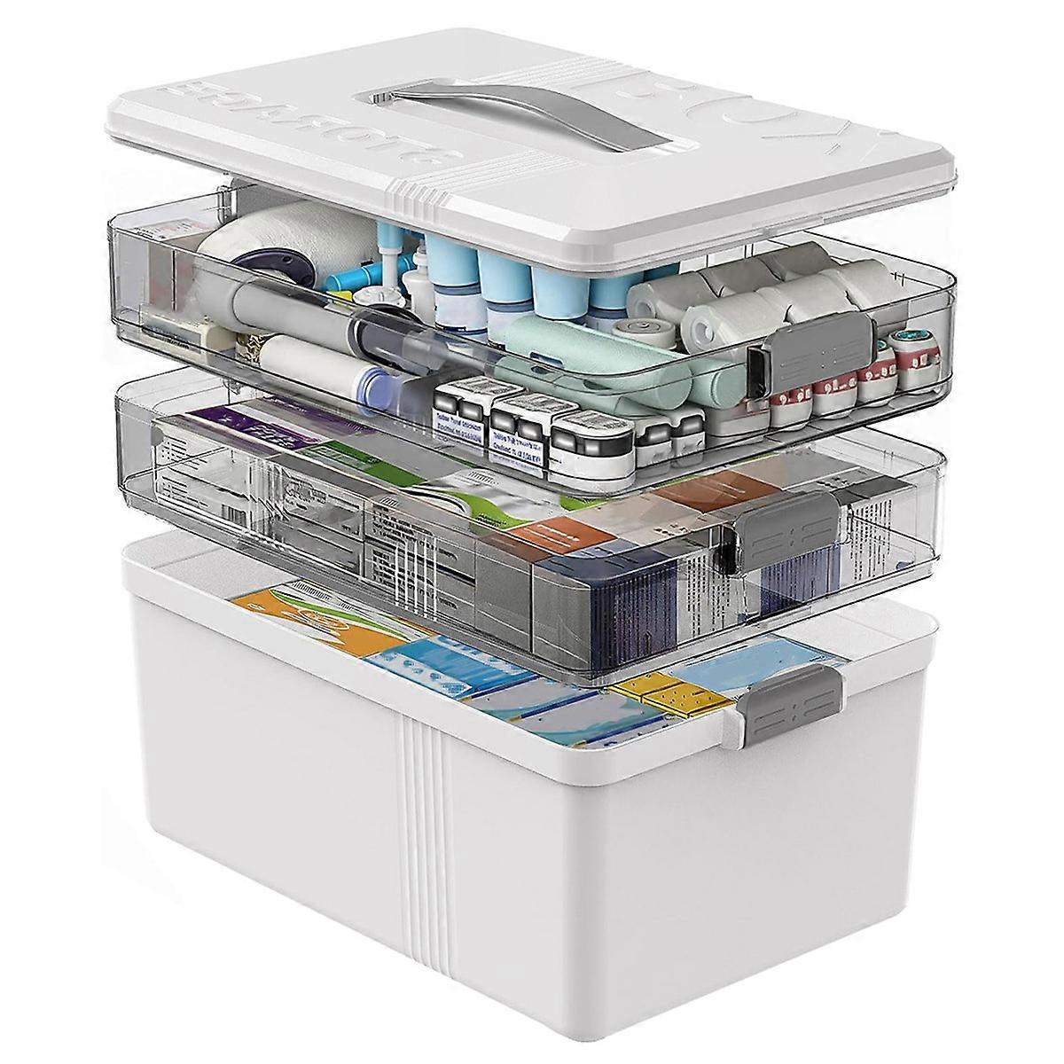 3Tier Large Capacity Medicine Organizer, Portable Medicine Box with Handle, Multipurpose Medical Box with Removable Tray