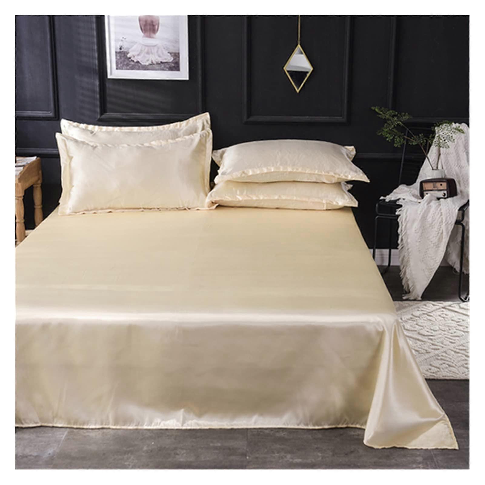 Ice Silk Bed Sheet Flat Sheet Solid Color Ice Silk Satin Fabric Bedding Queen Size King Size Pillowcases Included