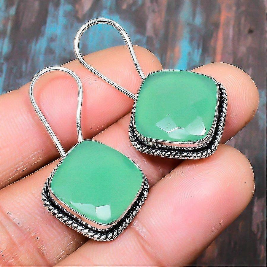 Green Chalcedony Gemstone Handmade Solid 925 Sterling Silver Jewelry Earring