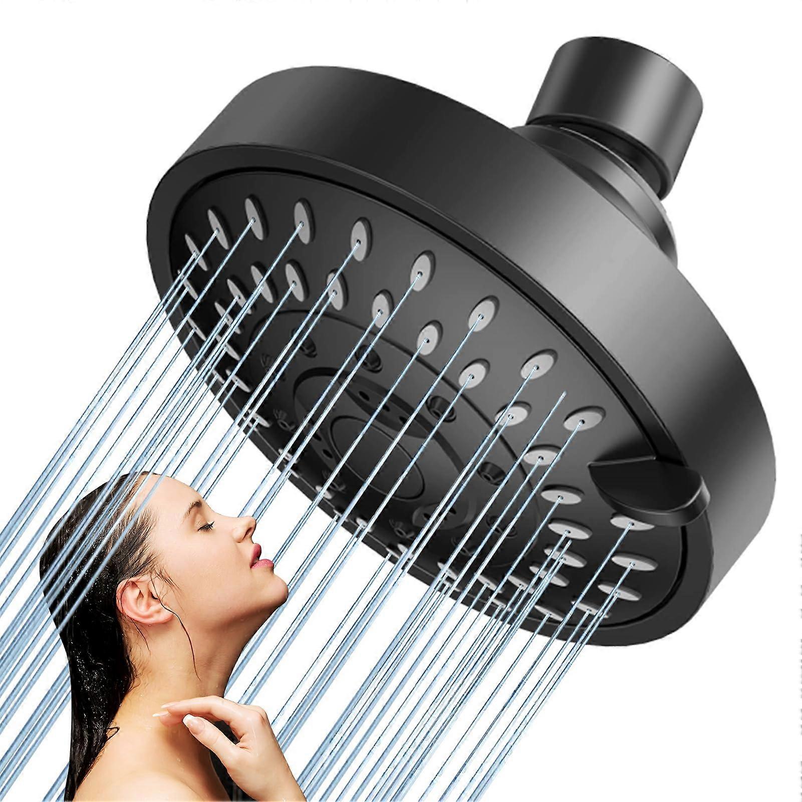Pressure Shower Head with 5 Spray Settings, Rustproof AntiClog Bathroom Rainfall Shower for Matte Black 4 Inch