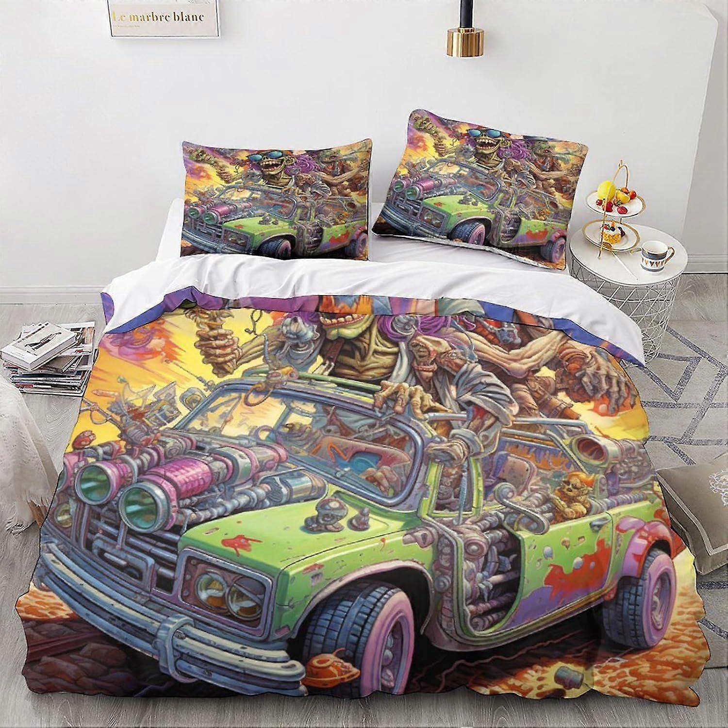LikeEj 3D impresso desenhos animados monstros capa edredom com fronhas carro vintage jogo de cama com zíper fechamento macio de microfibra colcha de capa dupla