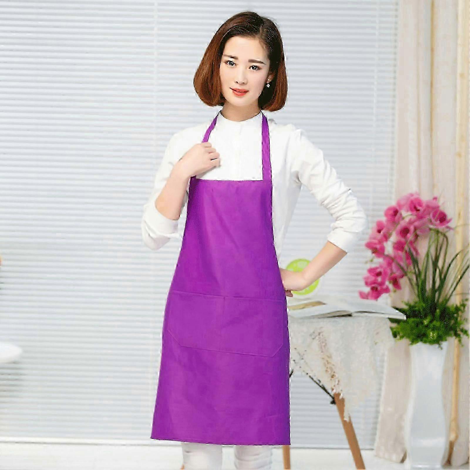 Kitchen Apron Solid Color Dual Pockets Back Strap Soft Polyester Chef Apron for Household