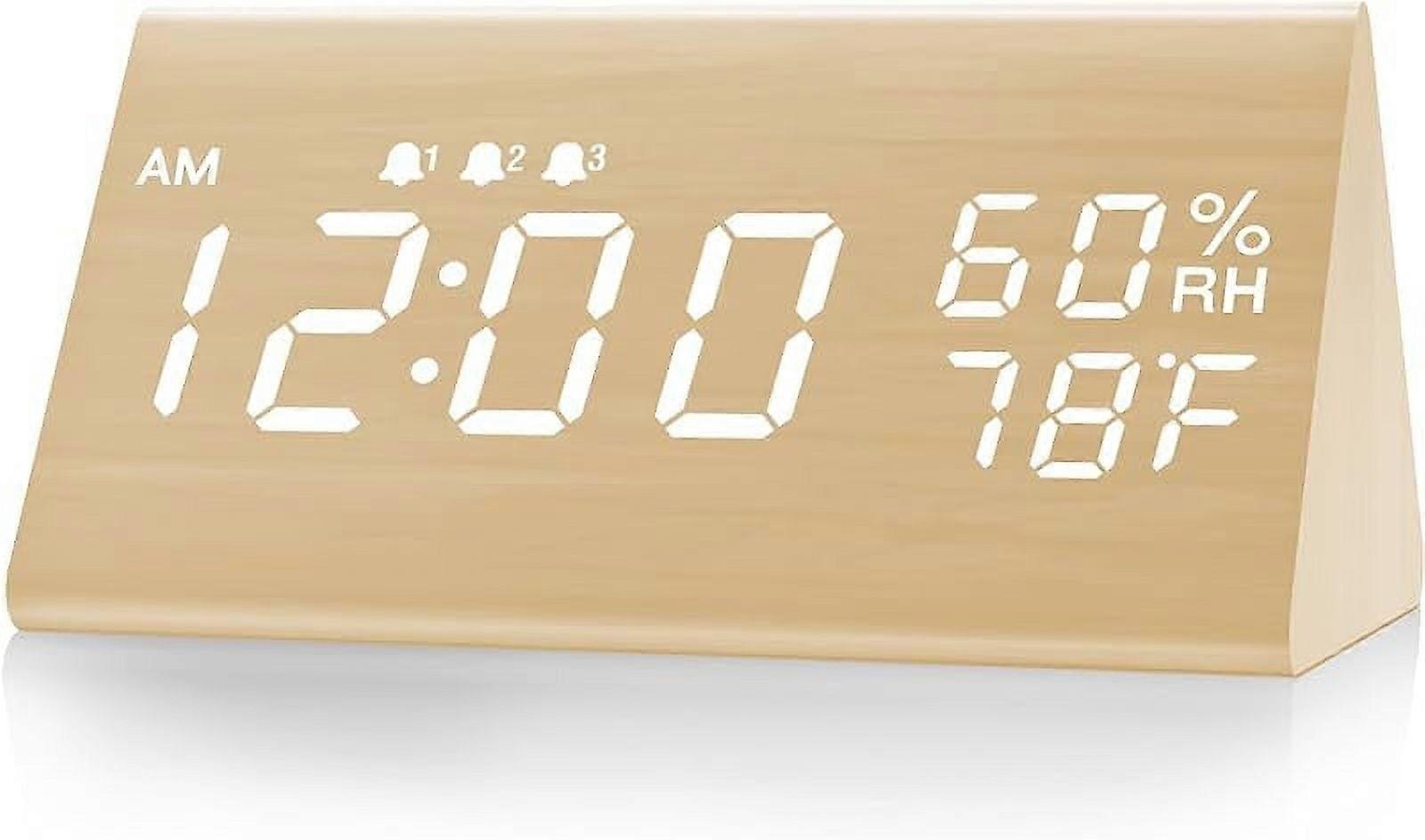 Wooden LED Alarm Clock with 3 Alarms, Temp & Humidity Display, Compatible with Bedroom Bedside Use (Black)