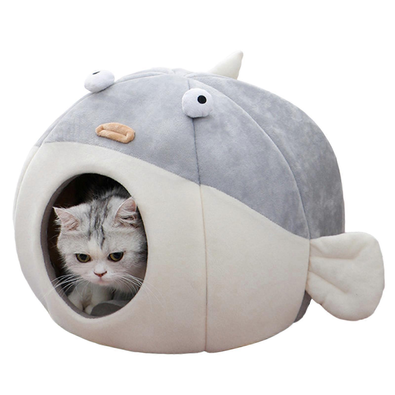 Globefish Shape Cat Cave Bed Tent for Indoor Small to Large Cat Washable Cartoon Soft Cushion Anti-Slip Bottom  Gray