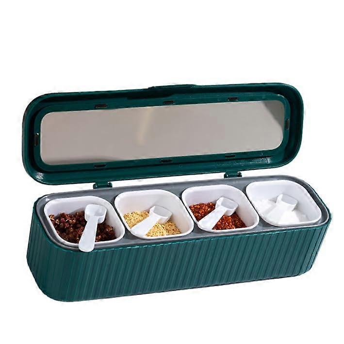Spice Rack Set with 4 Compartment Seasoning Box, Clear Lid Organizer and Spoons, MoistureProof Green