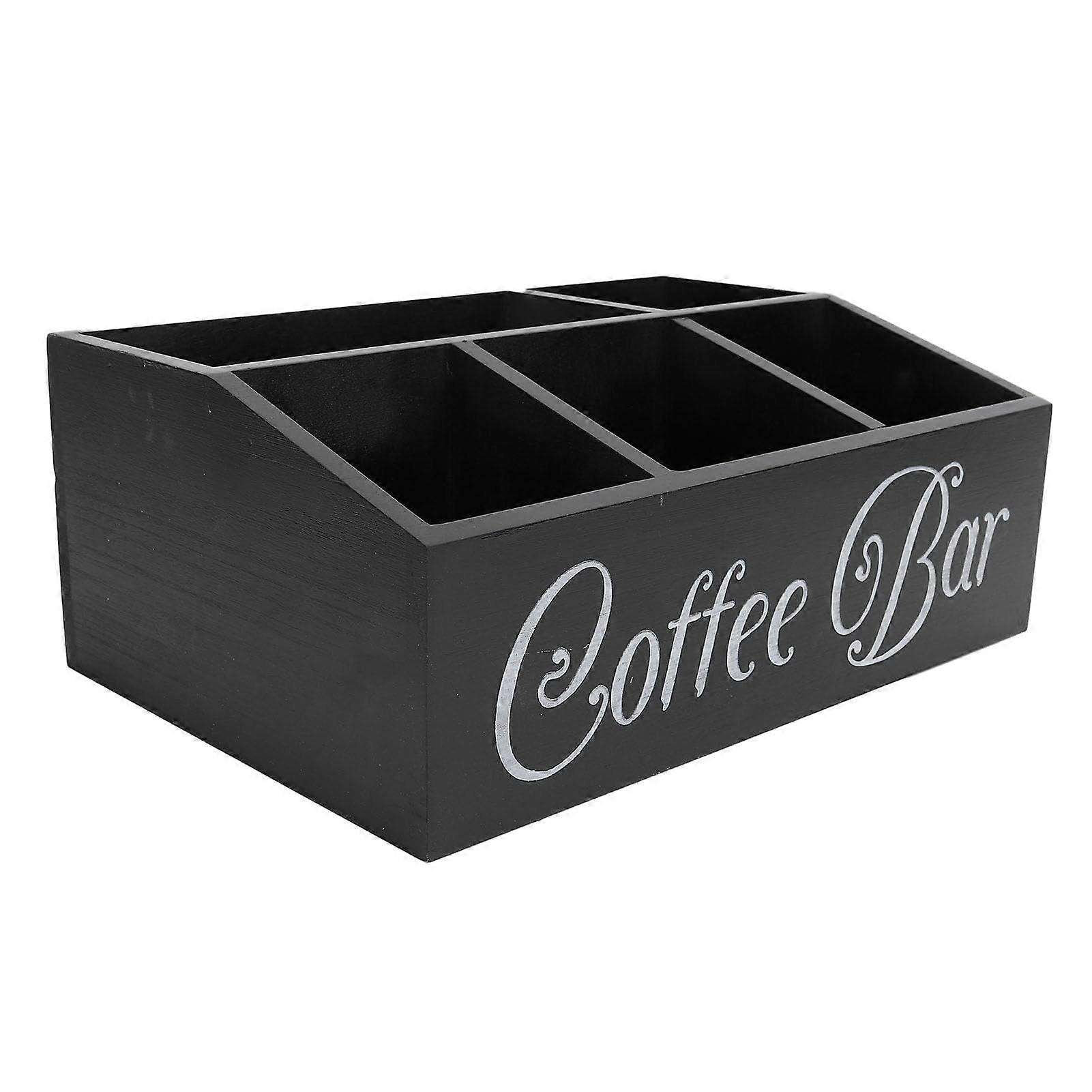Coffee Station Organizer Rack for Countertop Storage with Wooden Base for Cups Pods Sugar – Black