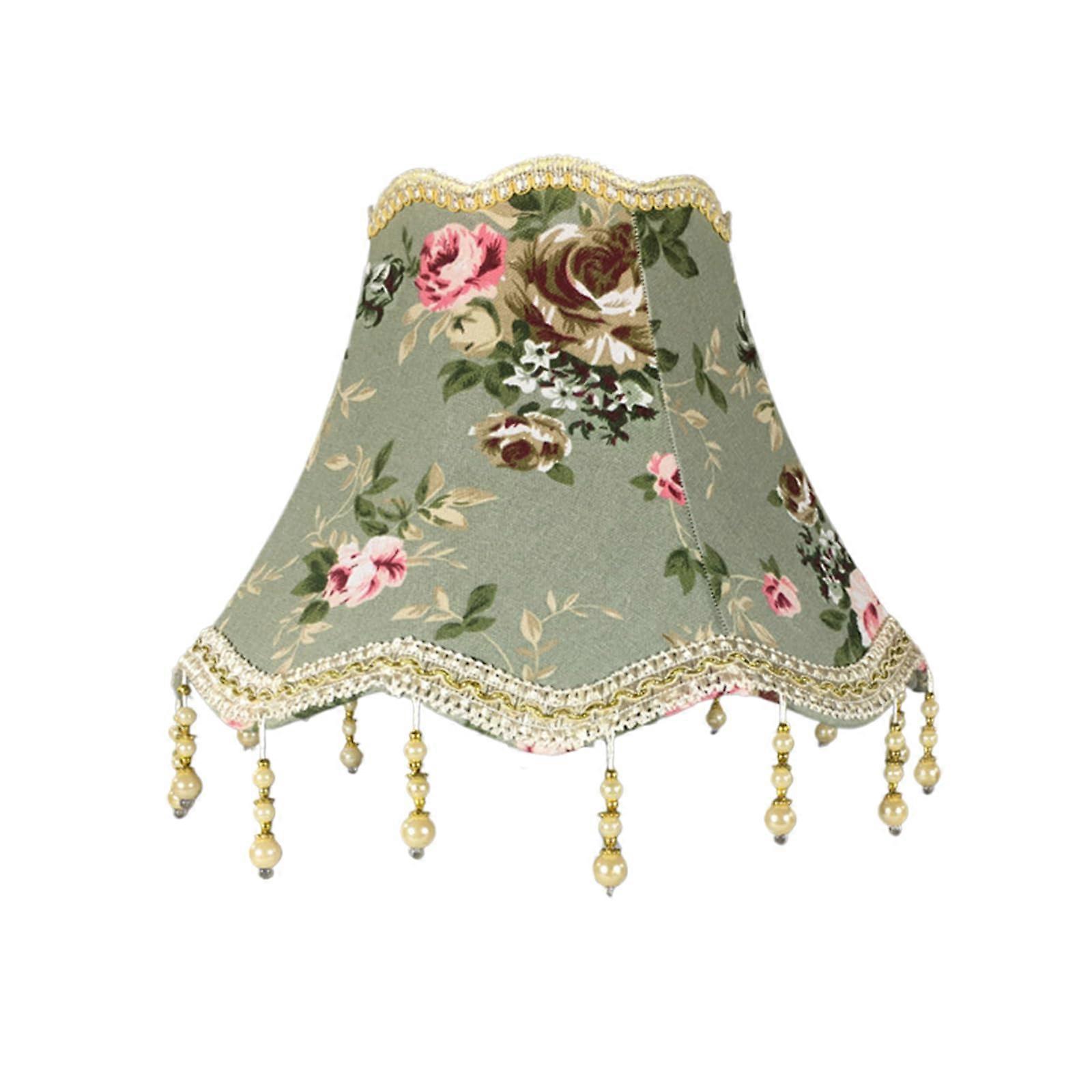 Vintage Floral Bell Shape Table Lamp Shade with Beaded Fringe for E27 Bulb Victorian Style Green