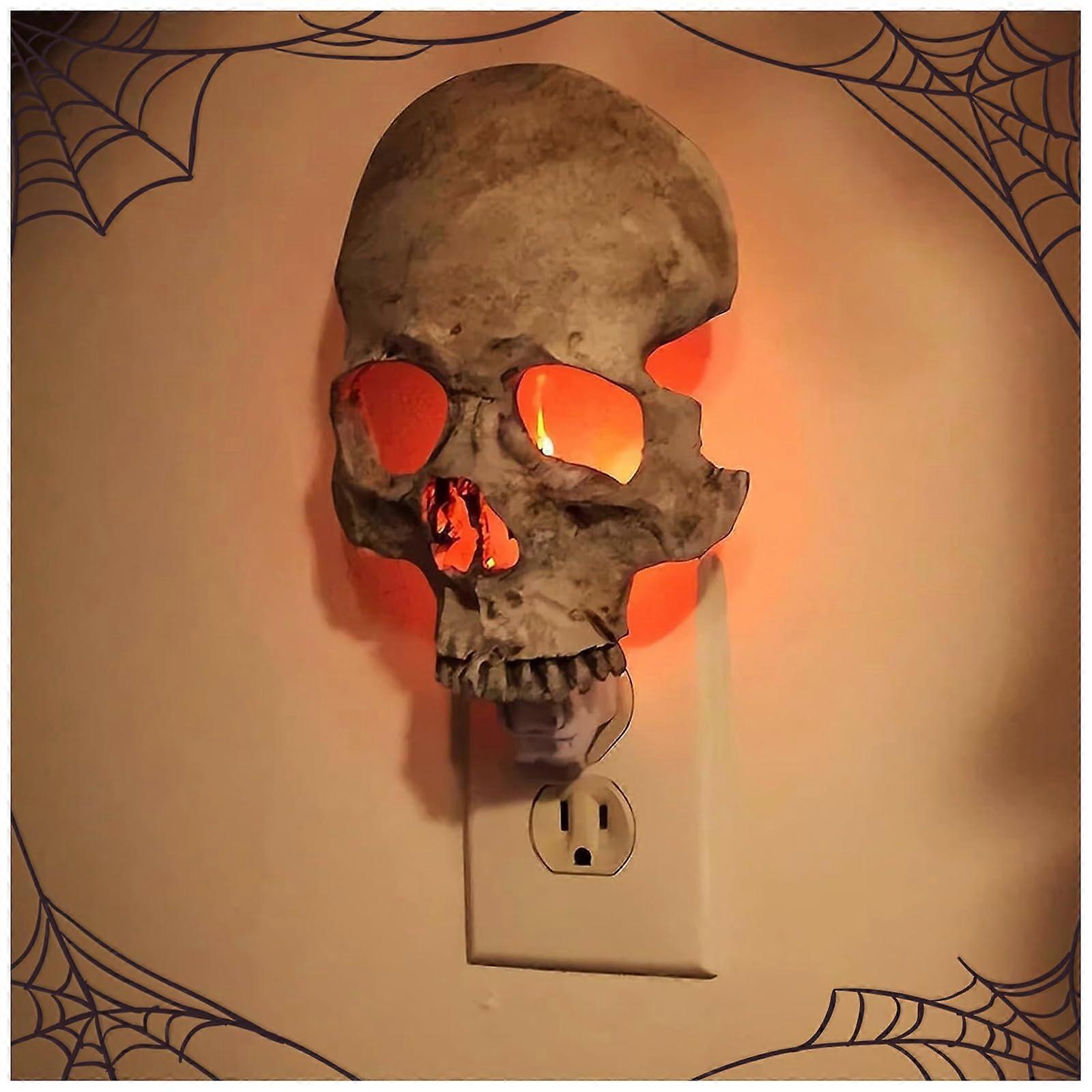 Halloween Skull Night Light with Realistic Resin Design, Warm Glow PlugIn Lamp for Home and Party Decor (Gray)