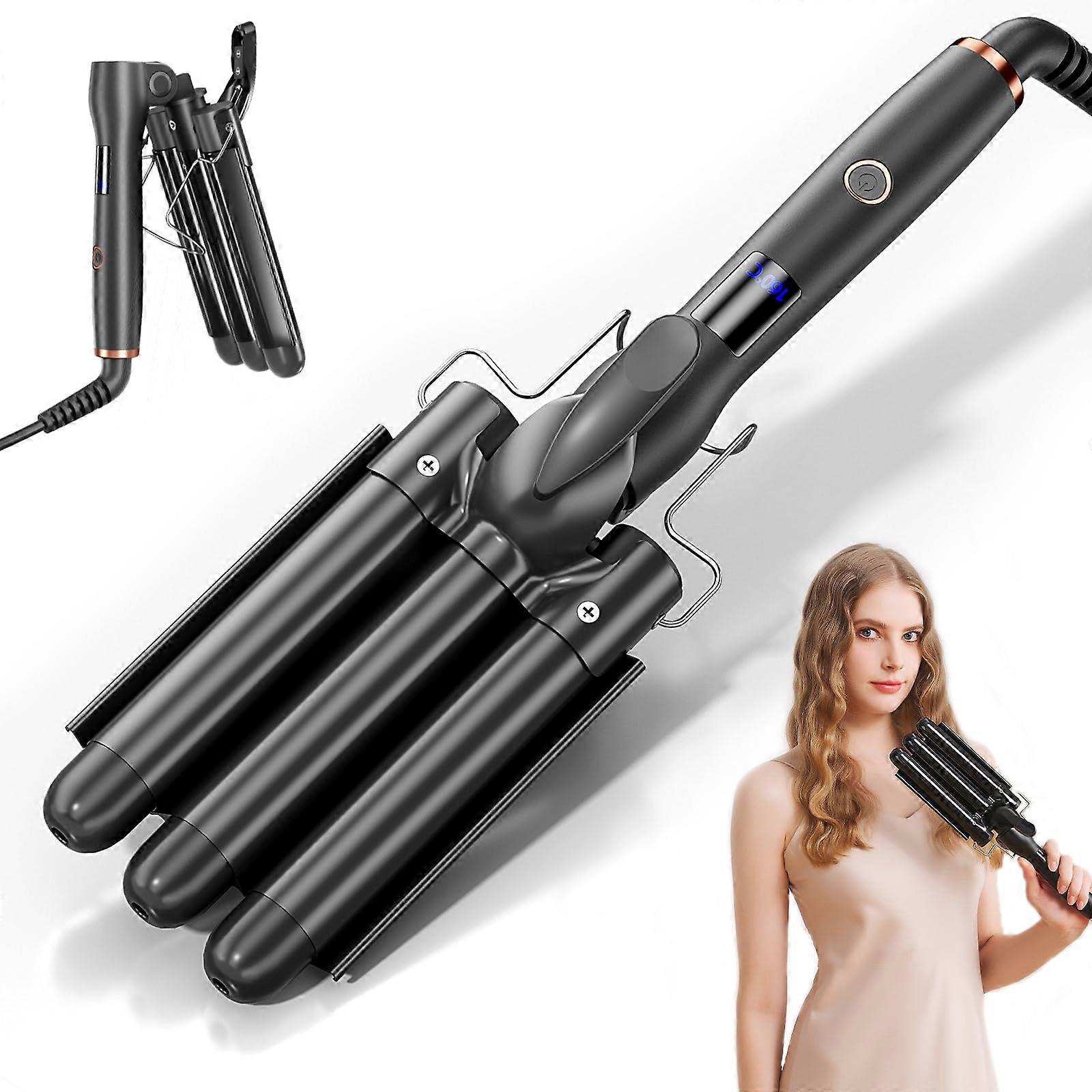 Triple Barrel Hair Waver 1 Inch Curling Iron, Fast Heat 30s, Adjustable Temp, Foldable Design